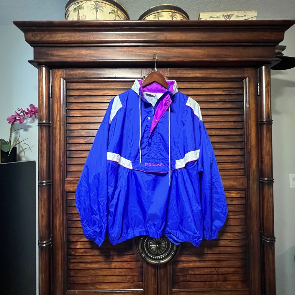 Vintage 90's Reebok Colorblock Anorak pullover Jacket Blue Purple White Sz Lg